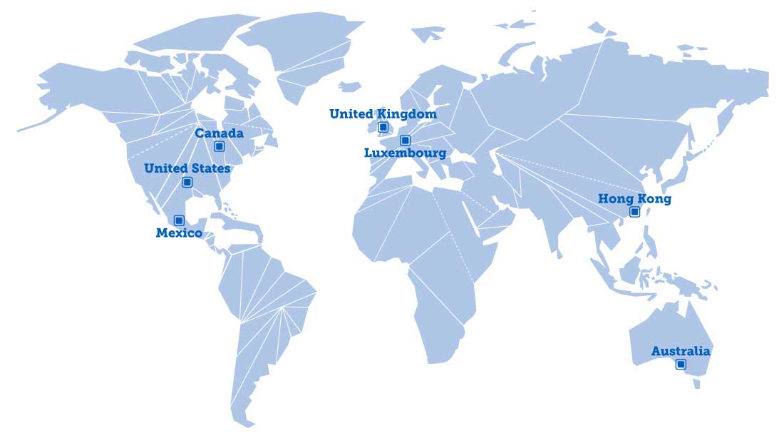 World wide offices and customer services, Canada, United States, Mexico, United Kingdom, Luxembourg, Hong Kong, and Australia World wide offices and customer services, Canada, United States, Mexico, United Kingdom, Luxembourg, Hong Kong, and Australia