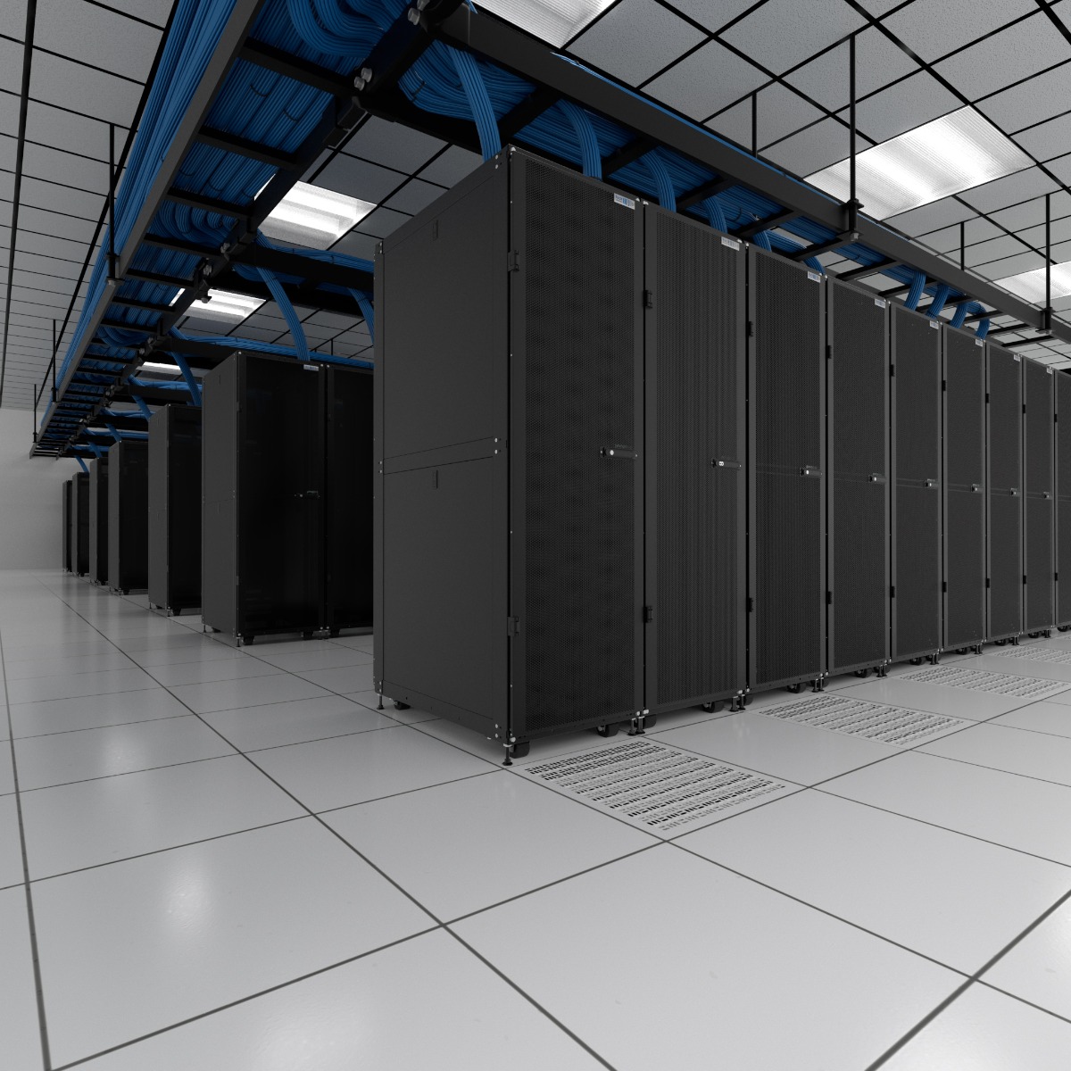 Rows of black server cabinets lining a data center aisle with overhead blue cable trays