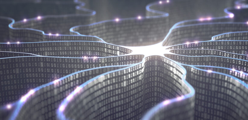 Artificial neuron in concept of artificial intelligence. Wall-shaped binary codes make transmission lines of pulses, information in an analogy to a microchip.