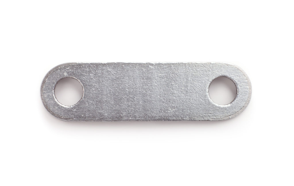 rectangular metal plate with rounded edges and screw holes on the sides